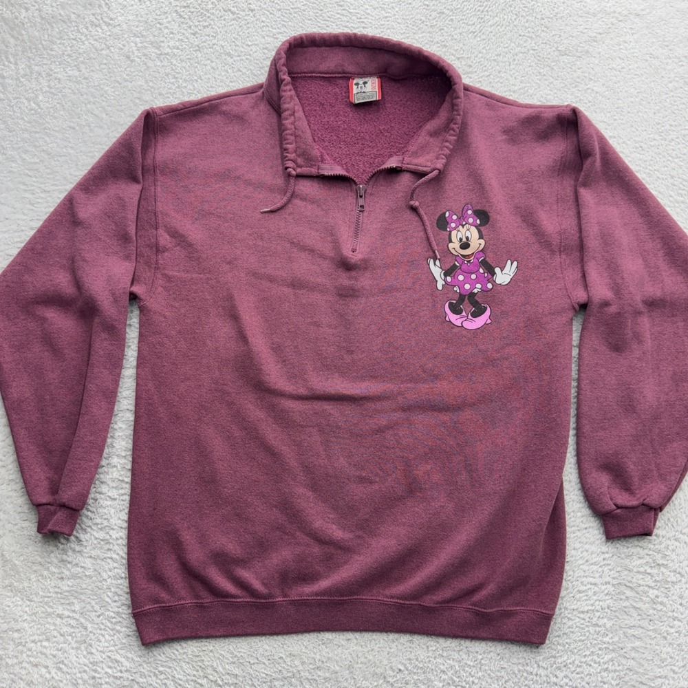 Vintage Disney Designs Minnie Mouse Quarter Zip Sweatshirt Burgundy One Size USA